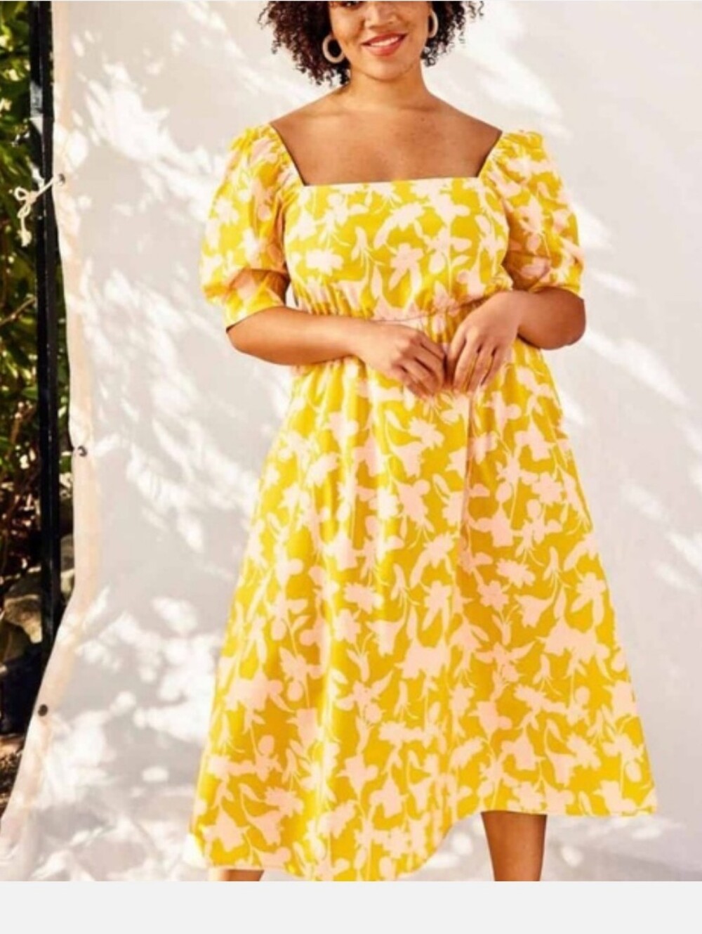 Eloquii Yellow and Pink Floral Square-Neck Midi Dress
